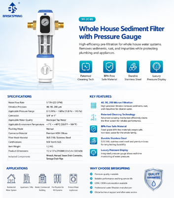 BriskSpring N1-2C-BS Tüm Ev Sediman Ön Filtresi, 40 Mikron Filtrasyon ve SUS316L Paslanmaz Çelik Mesh