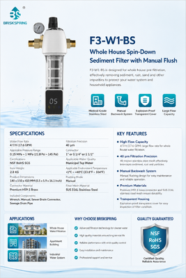 BriskSpring F3-W1-BS 40 Mikron Filtrasyon SUS316L Paslanmaz Çelik Ağı ve Entegre Basınçölçeri ile Tüm Ev Spin-Down Sediment Ön Filtresi