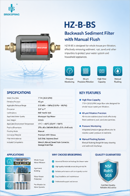 BriskSpring HZ-B-BS 40 Mikron SUS316L paslanmaz çelik ağı ve 7 T / H Yüksek Akış Kapasitesi ile Tüm Ev Sediment Ön Filtresi