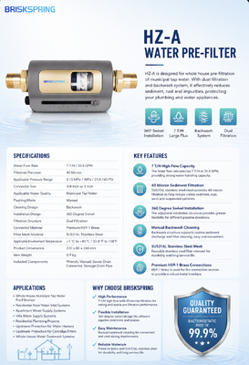 BriskSpring HZ-A 7 T/H 40 Mikron 360 Derece Döner Kurulumlu Tüm Ev Sediment Ön Filtresi
