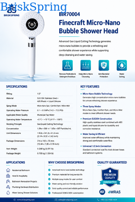 BriskSpring Micro-Nano Bubble Handheld Shower with 3 Spray Modes Water Saving and SUS304 Stainless Steel Construction